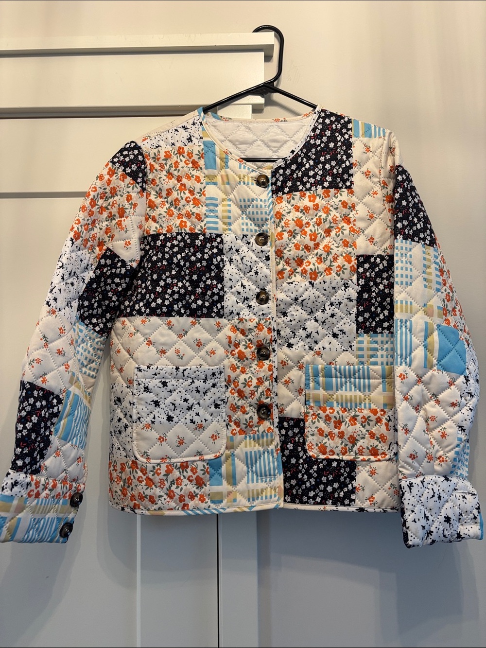 SHEIN Quilted Patchwork Puffer Jacket - Navy, White, Orange, Light Blue